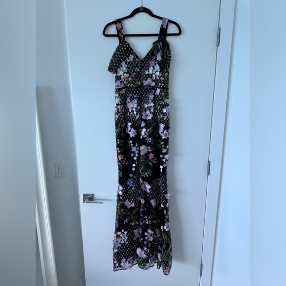 Marchesa Notte Cold-Shoulder Lattice Embroidered Gown w/ 3D Flowers - Picture 7 of 9